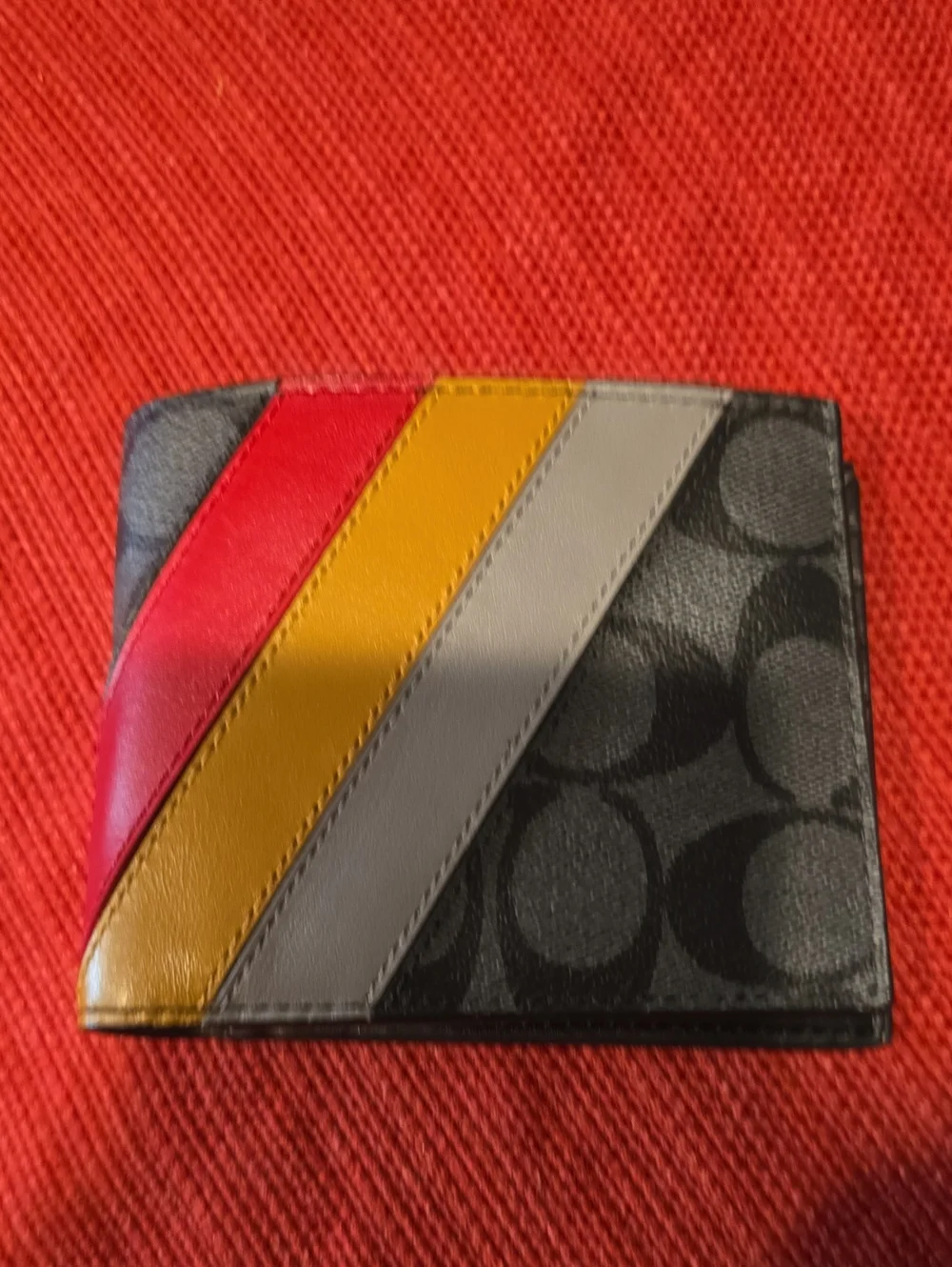 Coach Men's Leather Bifold Wallet with Red, Yellow & Gray Accent